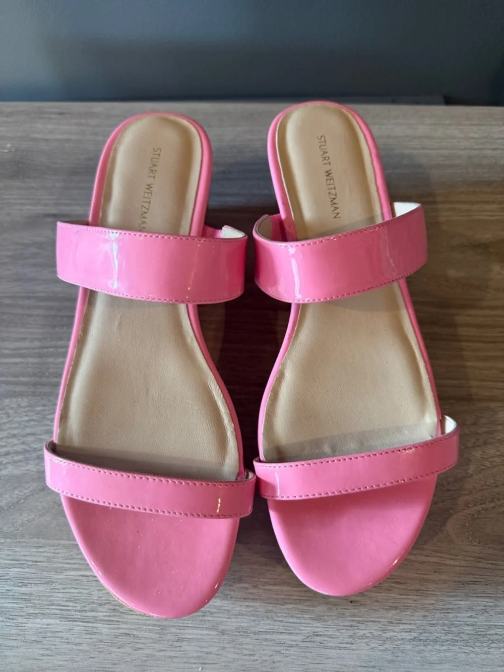 NWOT Stuart Weitzman Patent Pink Double-Strap Slide Sandals size 8 - Picture 1 of 7